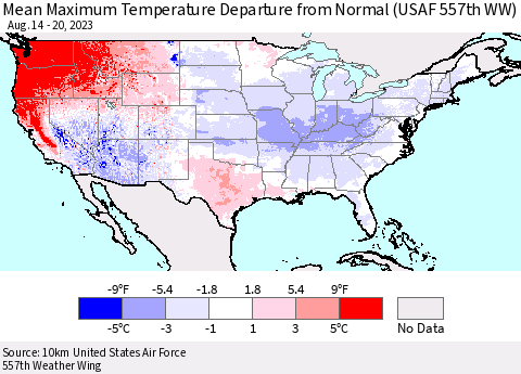 United States Mean Maximum Temperature Departure from Normal (USAF 557th WW) Thematic Map For 8/14/2023 - 8/20/2023