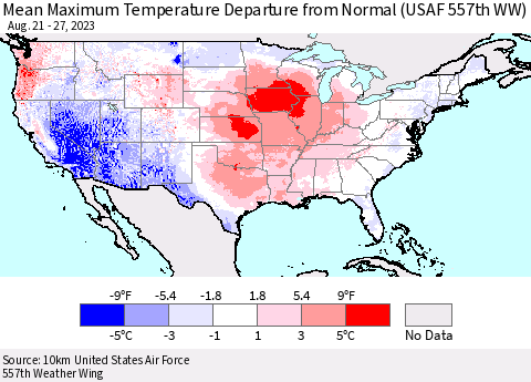 United States Mean Maximum Temperature Departure from Normal (USAF 557th WW) Thematic Map For 8/21/2023 - 8/27/2023