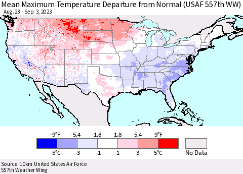 United States Mean Maximum Temperature Departure from Normal (USAF 557th WW) Thematic Map For 8/28/2023 - 9/3/2023