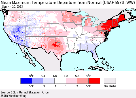 United States Mean Maximum Temperature Departure from Normal (USAF 557th WW) Thematic Map For 9/4/2023 - 9/10/2023