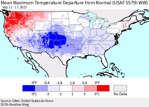 United States Mean Maximum Temperature Departure from Normal (USAF 557th WW) Thematic Map For 9/11/2023 - 9/17/2023