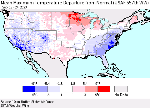 United States Mean Maximum Temperature Departure from Normal (USAF 557th WW) Thematic Map For 9/18/2023 - 9/24/2023
