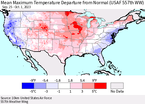 United States Mean Maximum Temperature Departure from Normal (USAF 557th WW) Thematic Map For 9/25/2023 - 10/1/2023