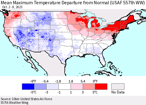 United States Mean Maximum Temperature Departure from Normal (USAF 557th WW) Thematic Map For 10/2/2023 - 10/8/2023