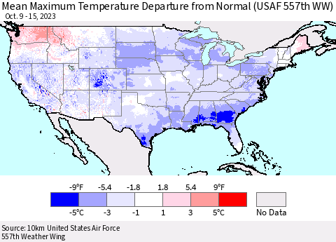 United States Mean Maximum Temperature Departure from Normal (USAF 557th WW) Thematic Map For 10/9/2023 - 10/15/2023