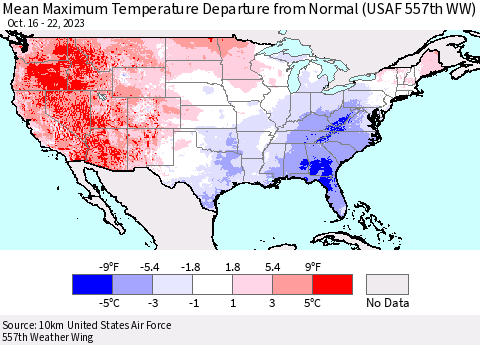 United States Mean Maximum Temperature Departure from Normal (USAF 557th WW) Thematic Map For 10/16/2023 - 10/22/2023