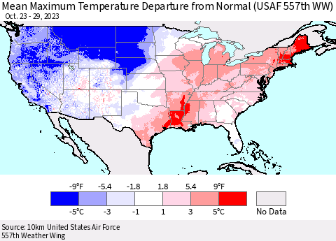 United States Mean Maximum Temperature Departure from Normal (USAF 557th WW) Thematic Map For 10/23/2023 - 10/29/2023
