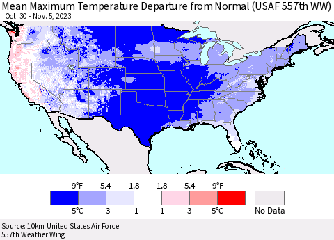 United States Mean Maximum Temperature Departure from Normal (USAF 557th WW) Thematic Map For 10/30/2023 - 11/5/2023