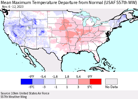 United States Mean Maximum Temperature Departure from Normal (USAF 557th WW) Thematic Map For 11/6/2023 - 11/12/2023