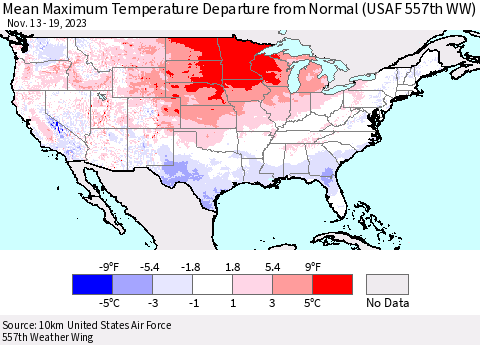 United States Mean Maximum Temperature Departure from Normal (USAF 557th WW) Thematic Map For 11/13/2023 - 11/19/2023