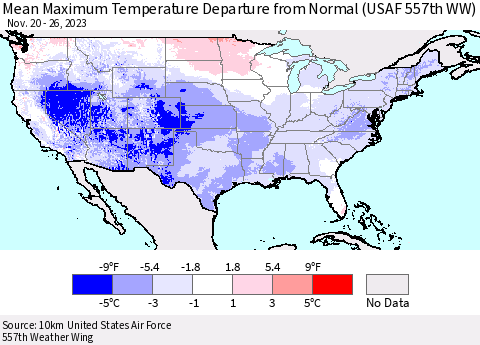 United States Mean Maximum Temperature Departure from Normal (USAF 557th WW) Thematic Map For 11/20/2023 - 11/26/2023