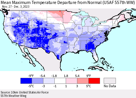 United States Mean Maximum Temperature Departure from Normal (USAF 557th WW) Thematic Map For 11/27/2023 - 12/3/2023