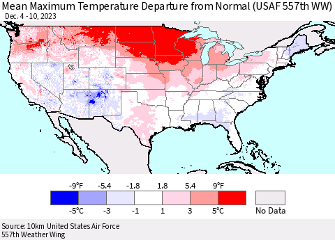 United States Mean Maximum Temperature Departure from Normal (USAF 557th WW) Thematic Map For 12/4/2023 - 12/10/2023