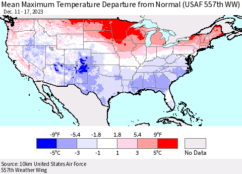 United States Mean Maximum Temperature Departure from Normal (USAF 557th WW) Thematic Map For 12/11/2023 - 12/17/2023