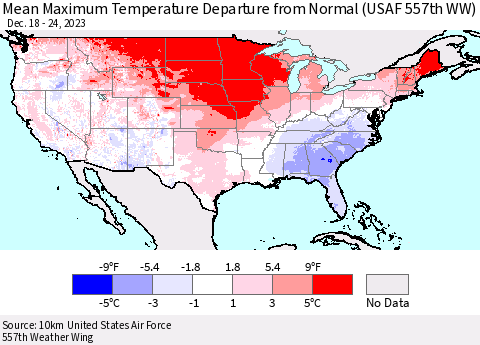 United States Mean Maximum Temperature Departure from Normal (USAF 557th WW) Thematic Map For 12/18/2023 - 12/24/2023