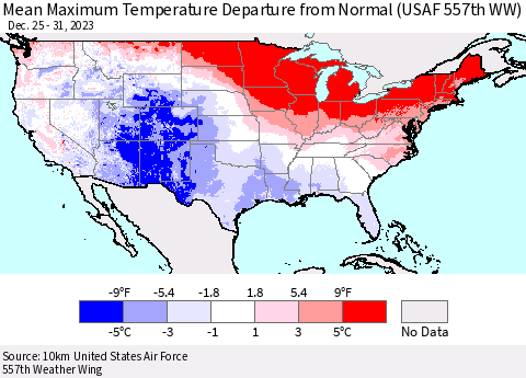 United States Mean Maximum Temperature Departure from Normal (USAF 557th WW) Thematic Map For 12/25/2023 - 12/31/2023