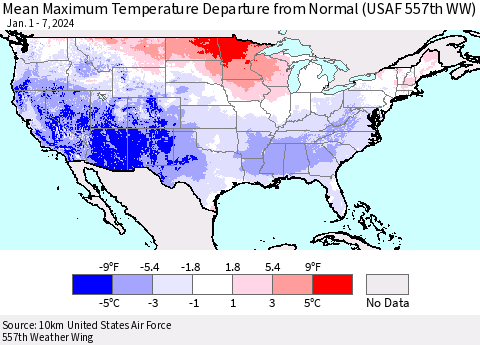 United States Mean Maximum Temperature Departure from Normal (USAF 557th WW) Thematic Map For 1/1/2024 - 1/7/2024