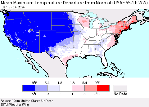 United States Mean Maximum Temperature Departure from Normal (USAF 557th WW) Thematic Map For 1/8/2024 - 1/14/2024