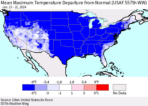 United States Mean Maximum Temperature Departure from Normal (USAF 557th WW) Thematic Map For 1/15/2024 - 1/21/2024
