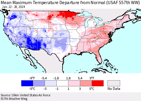 United States Mean Maximum Temperature Departure from Normal (USAF 557th WW) Thematic Map For 1/22/2024 - 1/28/2024