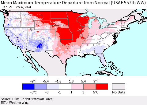 United States Mean Maximum Temperature Departure from Normal (USAF 557th WW) Thematic Map For 1/29/2024 - 2/4/2024