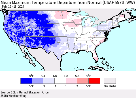 United States Mean Maximum Temperature Departure from Normal (USAF 557th WW) Thematic Map For 2/12/2024 - 2/18/2024
