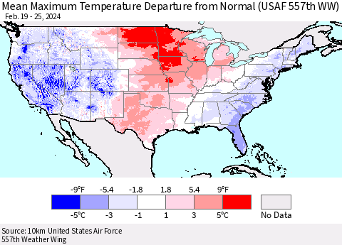 United States Mean Maximum Temperature Departure from Normal (USAF 557th WW) Thematic Map For 2/19/2024 - 2/25/2024
