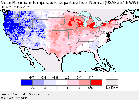 United States Mean Maximum Temperature Departure from Normal (USAF 557th WW) Thematic Map For 2/26/2024 - 3/3/2024