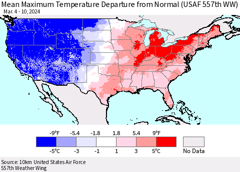 United States Mean Maximum Temperature Departure from Normal (USAF 557th WW) Thematic Map For 3/4/2024 - 3/10/2024