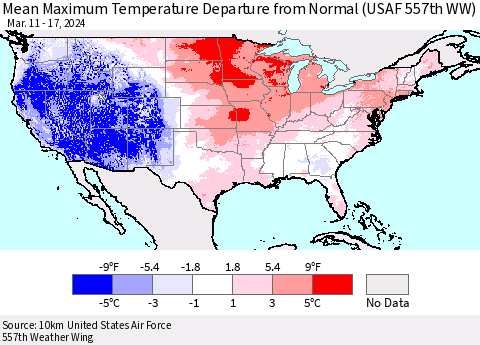 United States Mean Maximum Temperature Departure from Normal (USAF 557th WW) Thematic Map For 3/11/2024 - 3/17/2024