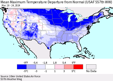 United States Mean Maximum Temperature Departure from Normal (USAF 557th WW) Thematic Map For 3/18/2024 - 3/24/2024