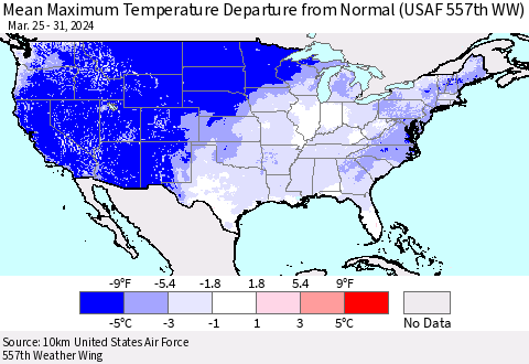 United States Mean Maximum Temperature Departure from Normal (USAF 557th WW) Thematic Map For 3/25/2024 - 3/31/2024