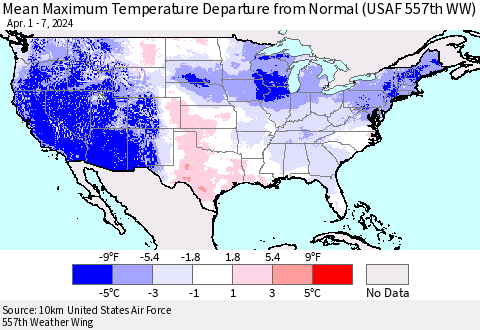 United States Mean Maximum Temperature Departure from Normal (USAF 557th WW) Thematic Map For 4/1/2024 - 4/7/2024