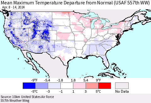 United States Mean Maximum Temperature Departure from Normal (USAF 557th WW) Thematic Map For 4/8/2024 - 4/14/2024
