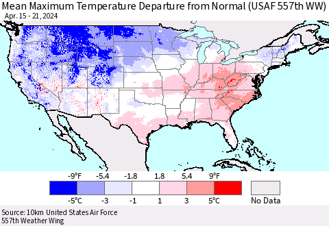 United States Mean Maximum Temperature Departure from Normal (USAF 557th WW) Thematic Map For 4/15/2024 - 4/21/2024