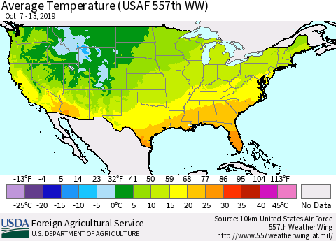 United States Average Temperature (USAF 557th WW) Thematic Map For 10/7/2019 - 10/13/2019