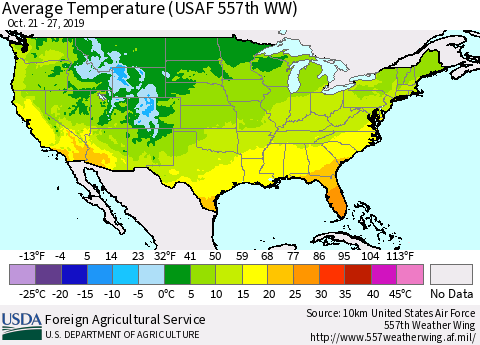 United States Average Temperature (USAF 557th WW) Thematic Map For 10/21/2019 - 10/27/2019