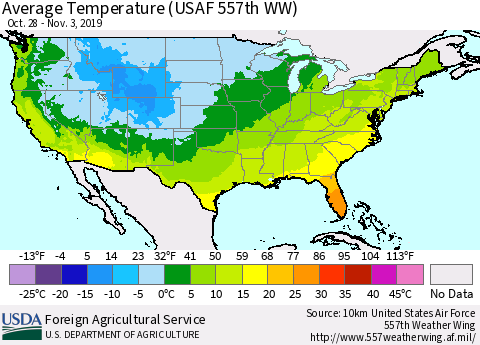 United States Average Temperature (USAF 557th WW) Thematic Map For 10/28/2019 - 11/3/2019