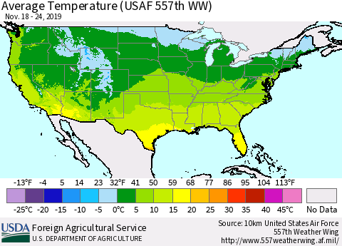 United States Average Temperature (USAF 557th WW) Thematic Map For 11/18/2019 - 11/24/2019