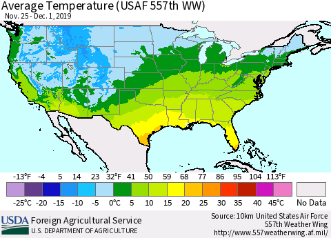 United States Average Temperature (USAF 557th WW) Thematic Map For 11/25/2019 - 12/1/2019
