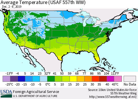 United States Average Temperature (USAF 557th WW) Thematic Map For 12/2/2019 - 12/8/2019
