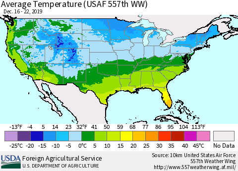 United States Average Temperature (USAF 557th WW) Thematic Map For 12/16/2019 - 12/22/2019
