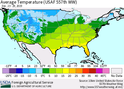 United States Average Temperature (USAF 557th WW) Thematic Map For 12/23/2019 - 12/29/2019