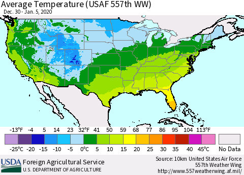 United States Average Temperature (USAF 557th WW) Thematic Map For 12/30/2019 - 1/5/2020