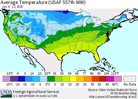 United States Average Temperature (USAF 557th WW) Thematic Map For 1/6/2020 - 1/12/2020