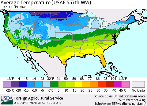 United States Average Temperature (USAF 557th WW) Thematic Map For 1/13/2020 - 1/19/2020
