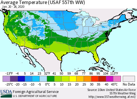 United States Average Temperature (USAF 557th WW) Thematic Map For 1/20/2020 - 1/26/2020