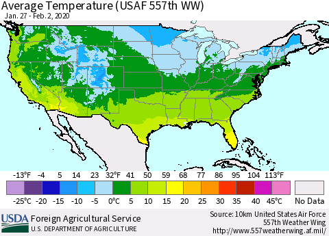 United States Average Temperature (USAF 557th WW) Thematic Map For 1/27/2020 - 2/2/2020
