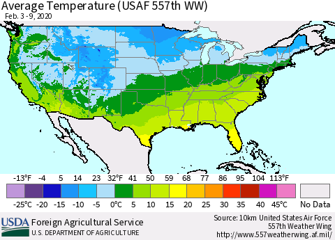 United States Average Temperature (USAF 557th WW) Thematic Map For 2/3/2020 - 2/9/2020