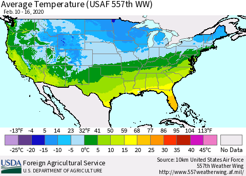 United States Average Temperature (USAF 557th WW) Thematic Map For 2/10/2020 - 2/16/2020